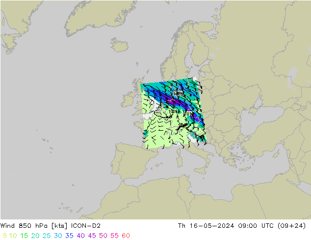 Vento 850 hPa ICON-D2 Qui 16.05.2024 09 UTC