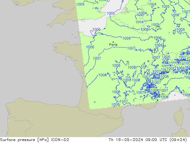 Bodendruck ICON-D2 Do 16.05.2024 09 UTC