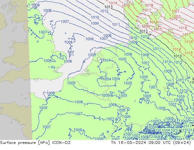 Pressione al suolo ICON-D2 gio 16.05.2024 09 UTC