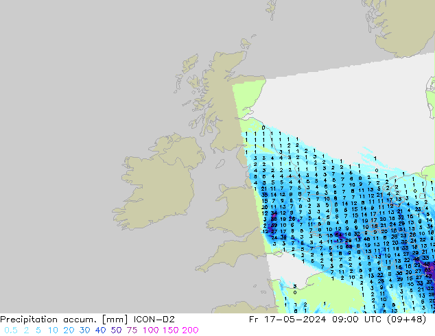 Precipitation accum. ICON-D2 пт 17.05.2024 09 UTC