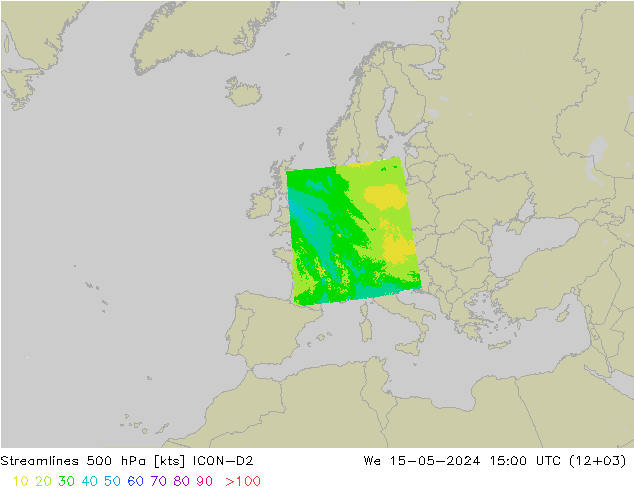 Línea de corriente 500 hPa ICON-D2 mié 15.05.2024 15 UTC