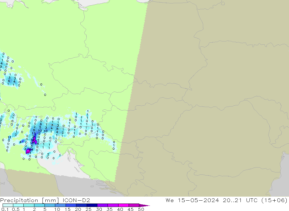Srážky ICON-D2 St 15.05.2024 21 UTC