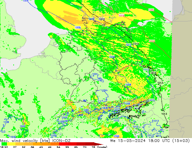 Max. wind velocity ICON-D2 mer 15.05.2024 18 UTC