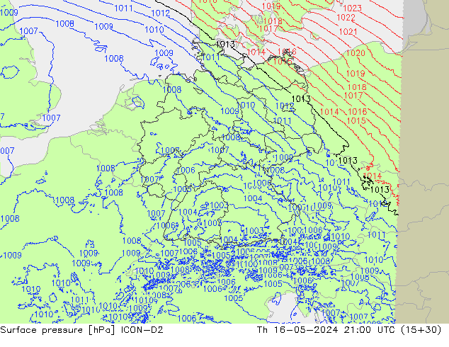 Presión superficial ICON-D2 jue 16.05.2024 21 UTC