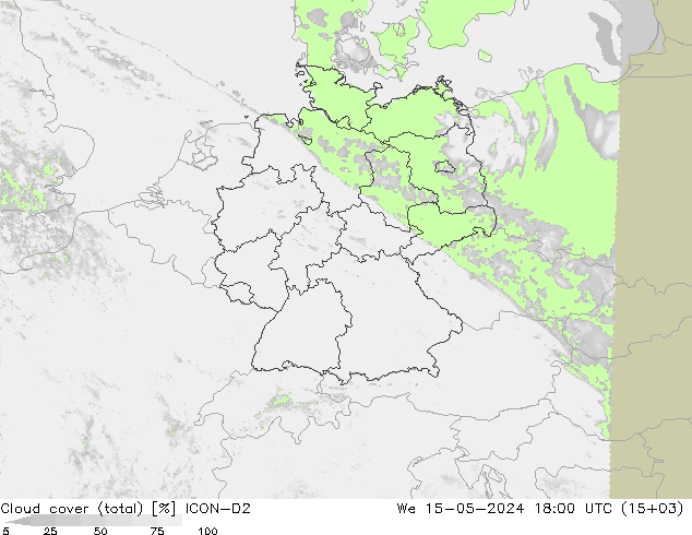 Nubes (total) ICON-D2 mié 15.05.2024 18 UTC