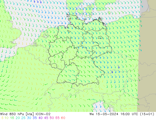 Viento 850 hPa ICON-D2 mié 15.05.2024 16 UTC