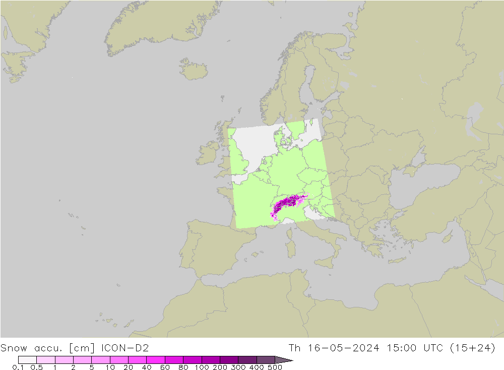 Snow accu. ICON-D2 jue 16.05.2024 15 UTC