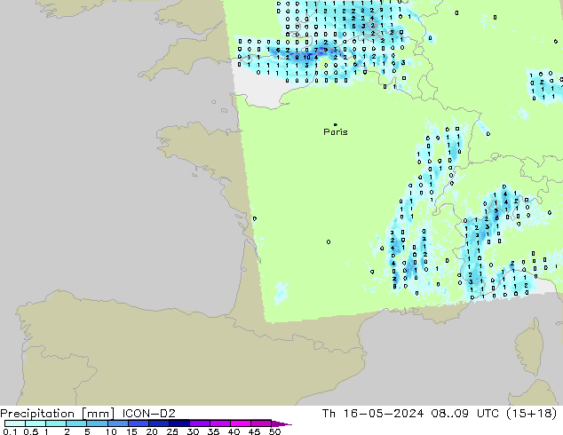 Precipitation ICON-D2 Th 16.05.2024 09 UTC