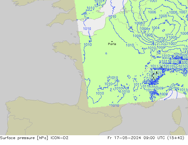 Atmosférický tlak ICON-D2 Pá 17.05.2024 09 UTC