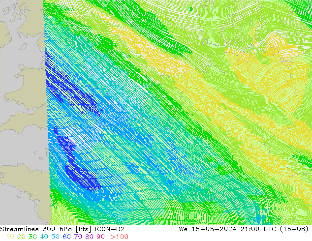 Rüzgar 300 hPa ICON-D2 Çar 15.05.2024 21 UTC