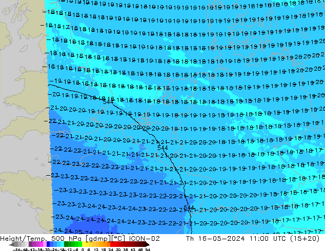 Height/Temp. 500 hPa ICON-D2 Čt 16.05.2024 11 UTC