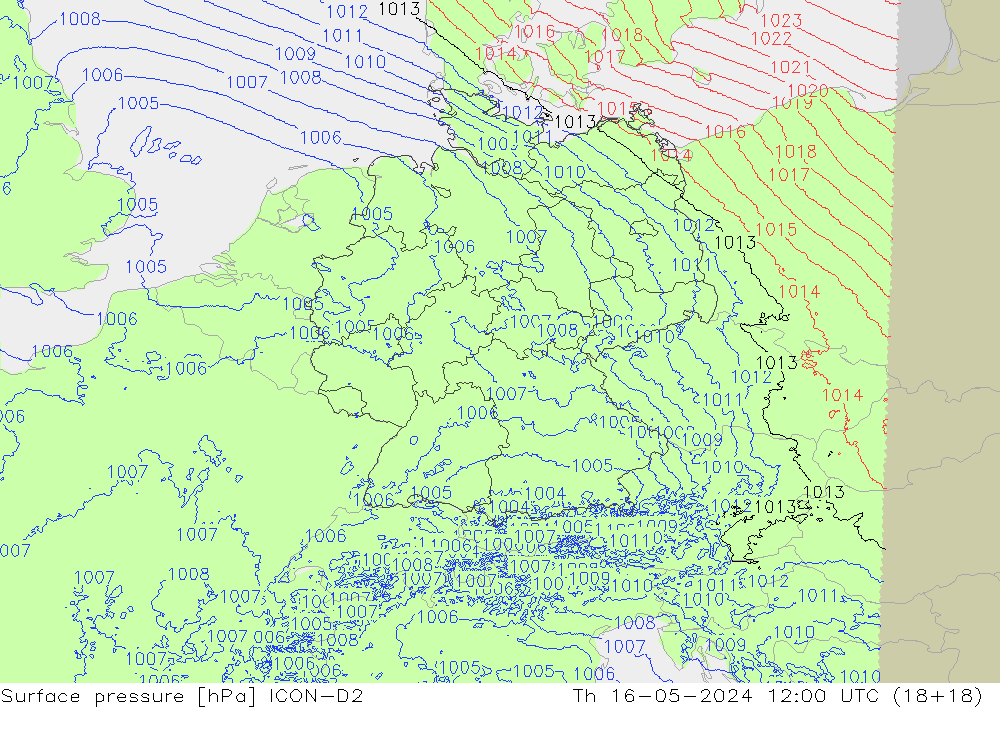 Surface pressure ICON-D2 Th 16.05.2024 12 UTC