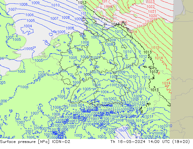 Presión superficial ICON-D2 jue 16.05.2024 14 UTC