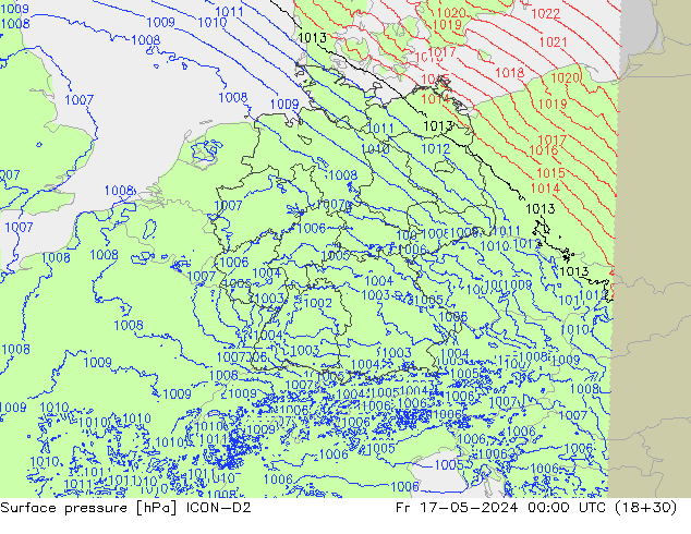 Atmosférický tlak ICON-D2 Pá 17.05.2024 00 UTC