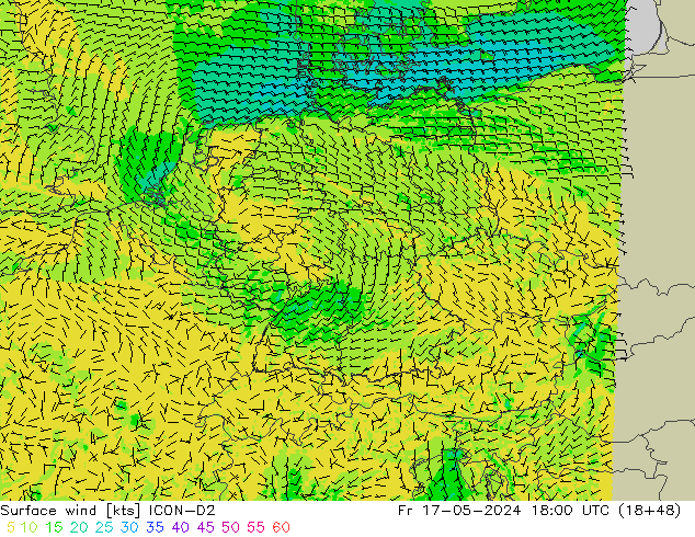 Surface wind ICON-D2 Fr 17.05.2024 18 UTC