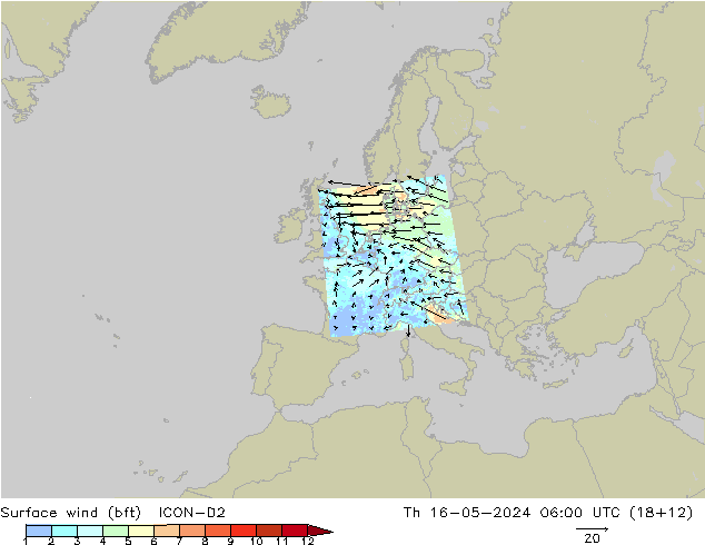 Surface wind (bft) ICON-D2 Čt 16.05.2024 06 UTC