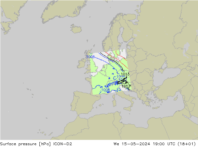 Presión superficial ICON-D2 mié 15.05.2024 19 UTC