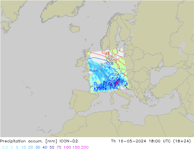 Precipitación acum. ICON-D2 jue 16.05.2024 18 UTC