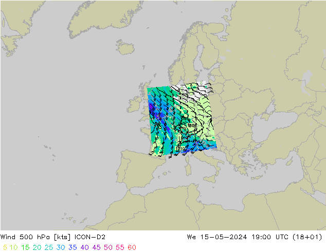 Vent 500 hPa ICON-D2 mer 15.05.2024 19 UTC