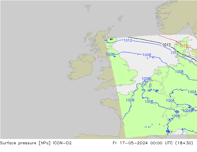 Presión superficial ICON-D2 vie 17.05.2024 00 UTC