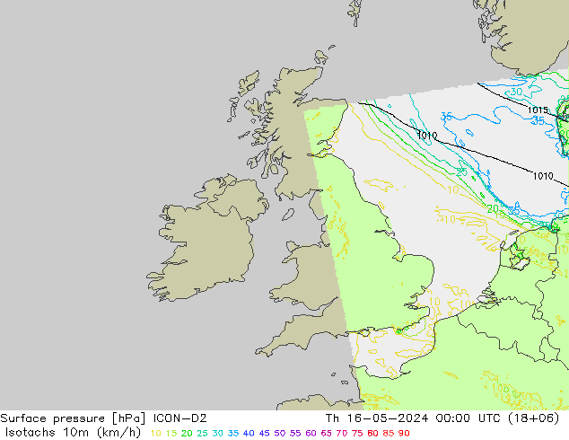 Isotachs (kph) ICON-D2 Qui 16.05.2024 00 UTC