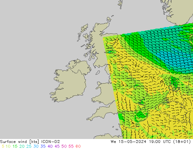 Viento 10 m ICON-D2 mié 15.05.2024 19 UTC