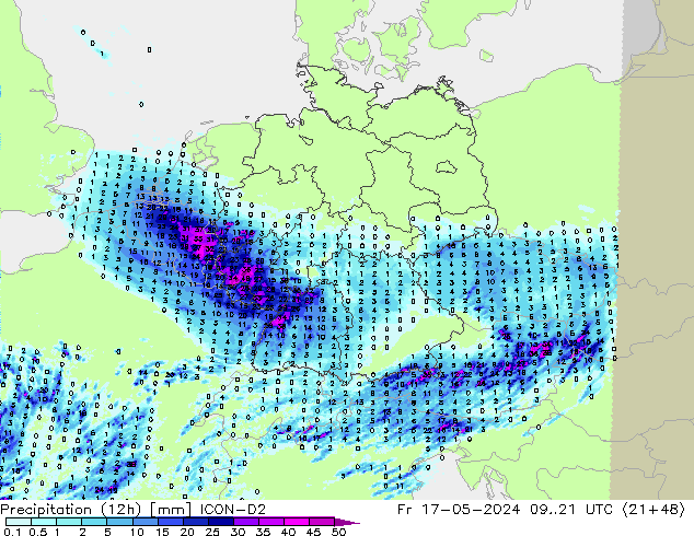 Precipitation (12h) ICON-D2 Pá 17.05.2024 21 UTC