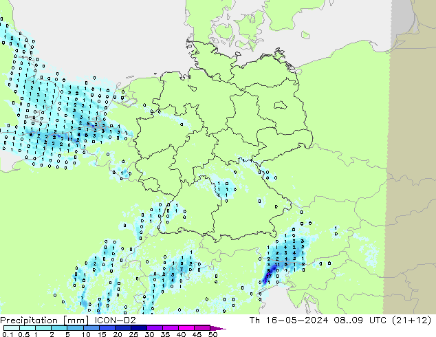 Precipitación ICON-D2 jue 16.05.2024 09 UTC
