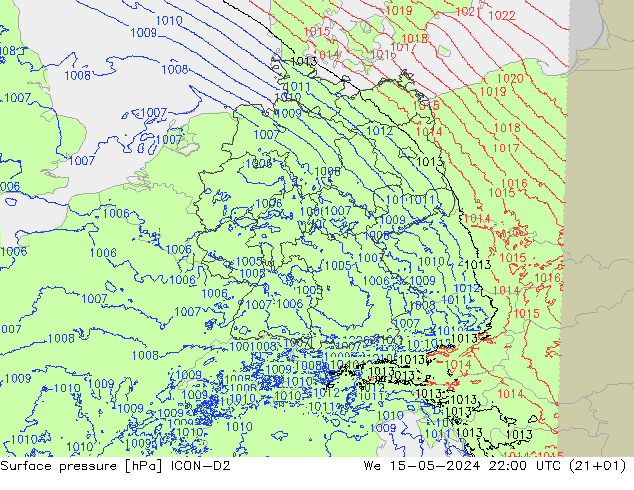 Atmosférický tlak ICON-D2 St 15.05.2024 22 UTC