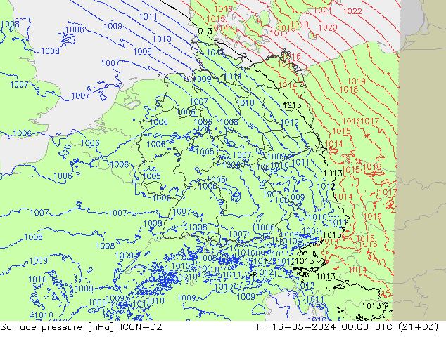 Surface pressure ICON-D2 Th 16.05.2024 00 UTC