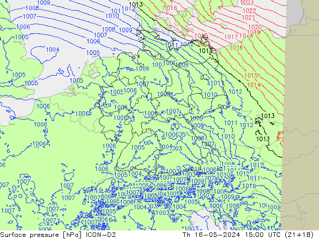 Atmosférický tlak ICON-D2 Čt 16.05.2024 15 UTC