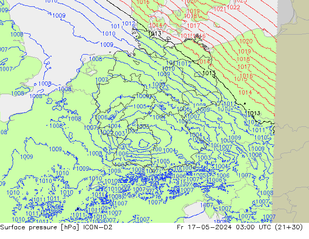 Atmosférický tlak ICON-D2 Pá 17.05.2024 03 UTC