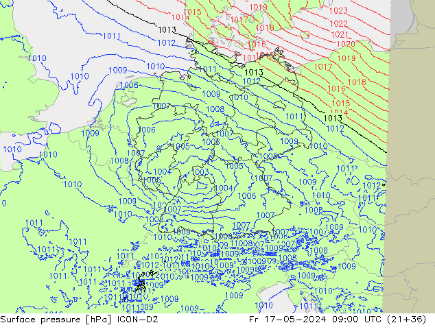 Atmosférický tlak ICON-D2 Pá 17.05.2024 09 UTC