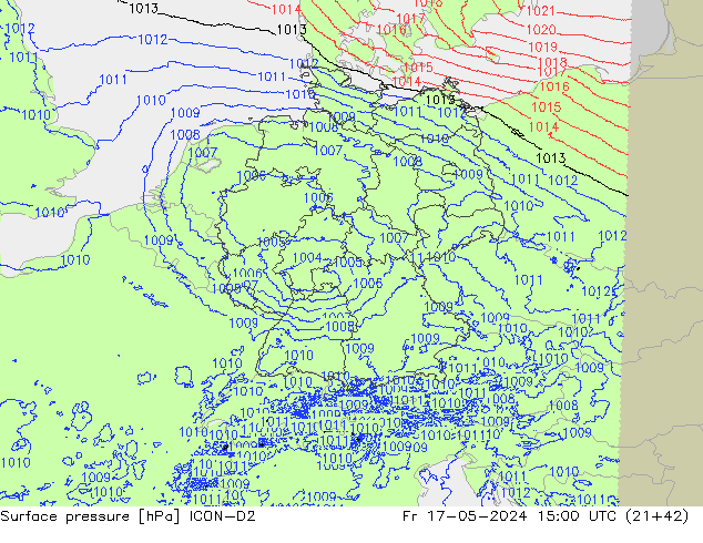 Atmosférický tlak ICON-D2 Pá 17.05.2024 15 UTC