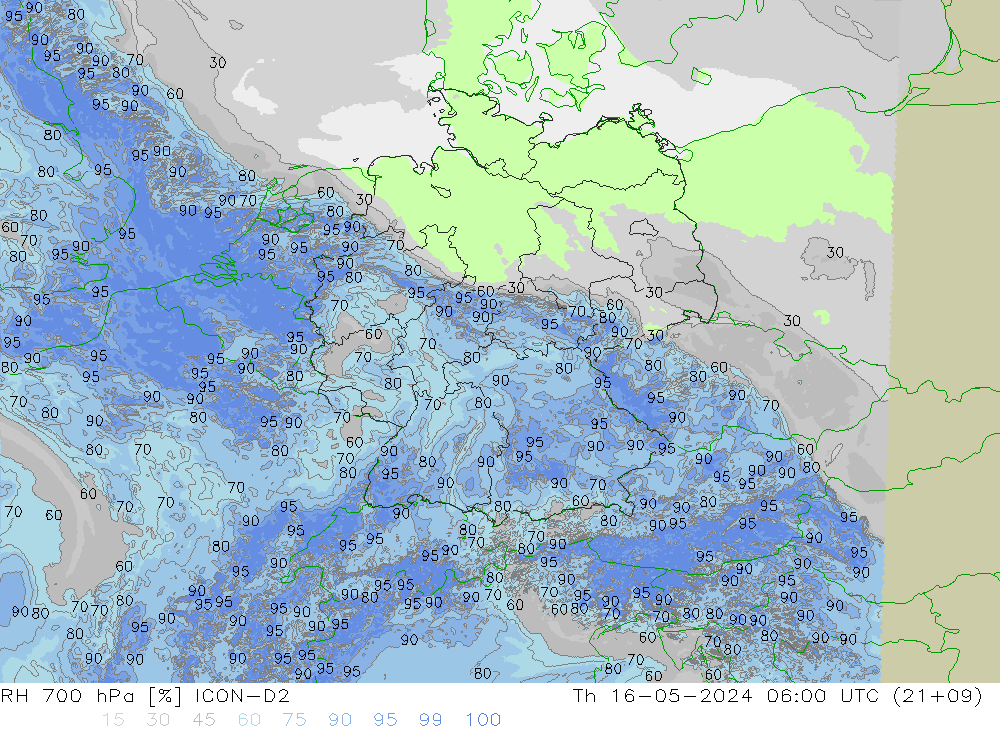 RH 700 гПа ICON-D2 чт 16.05.2024 06 UTC