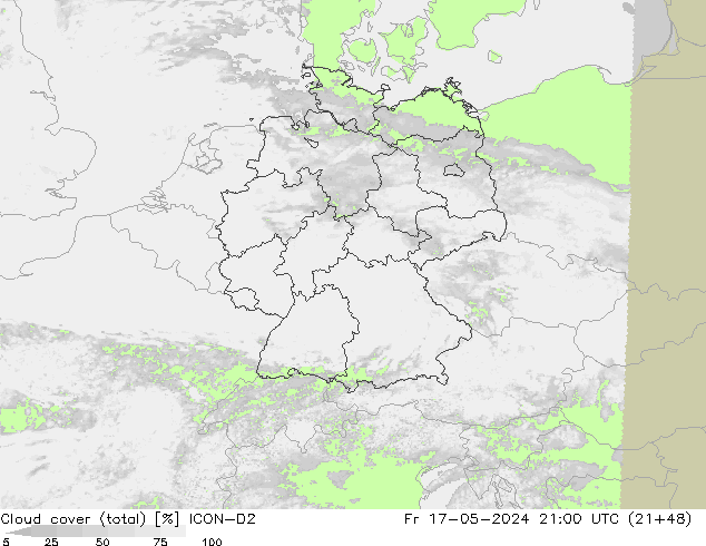 Cloud cover (total) ICON-D2 Fr 17.05.2024 21 UTC