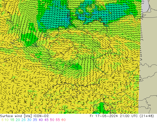 Surface wind ICON-D2 Fr 17.05.2024 21 UTC