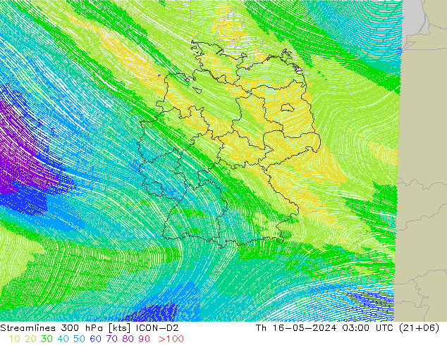 Línea de corriente 300 hPa ICON-D2 jue 16.05.2024 03 UTC