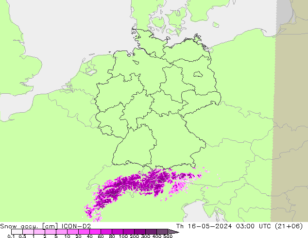 Snow accu. ICON-D2 gio 16.05.2024 03 UTC