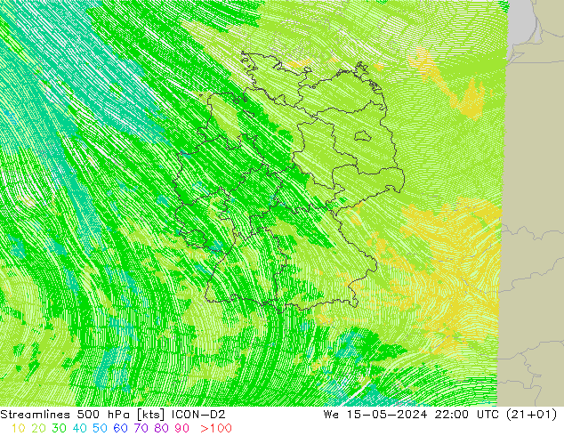 风 500 hPa ICON-D2 星期三 15.05.2024 22 UTC