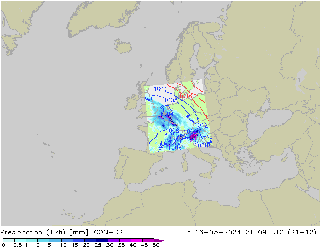 Totale neerslag (12h) ICON-D2 do 16.05.2024 09 UTC