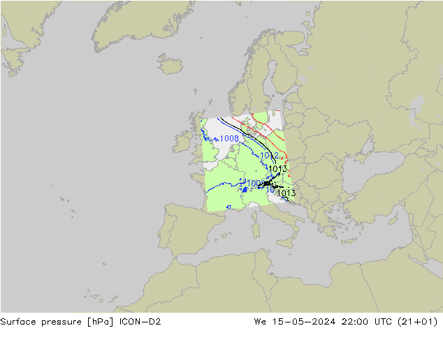 Presión superficial ICON-D2 mié 15.05.2024 22 UTC