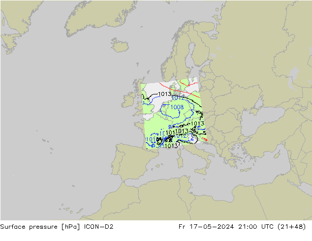 Luchtdruk (Grond) ICON-D2 vr 17.05.2024 21 UTC