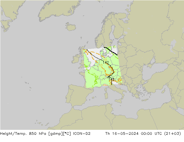 Hoogte/Temp. 850 hPa ICON-D2 do 16.05.2024 00 UTC