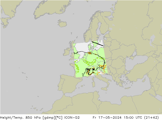 Hoogte/Temp. 850 hPa ICON-D2 vr 17.05.2024 15 UTC