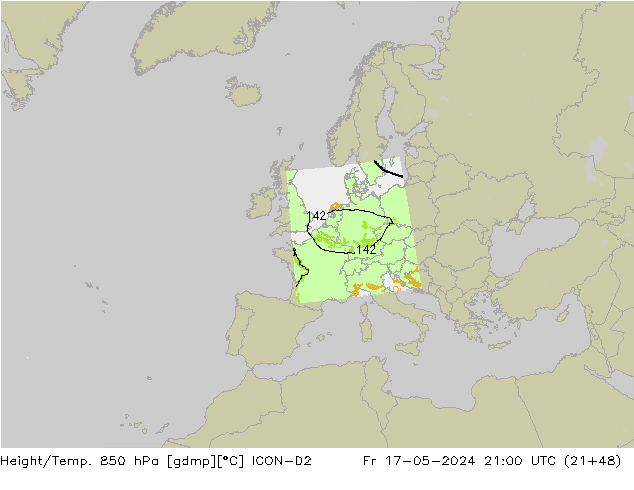 Hoogte/Temp. 850 hPa ICON-D2 vr 17.05.2024 21 UTC