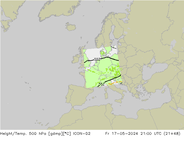 Hoogte/Temp. 500 hPa ICON-D2 vr 17.05.2024 21 UTC