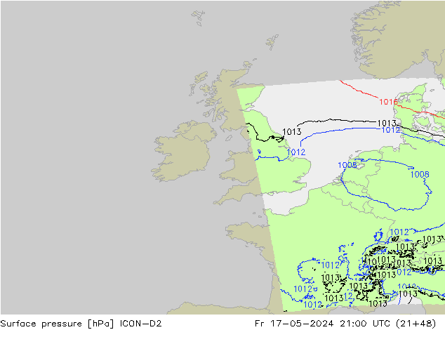 Pressione al suolo ICON-D2 ven 17.05.2024 21 UTC