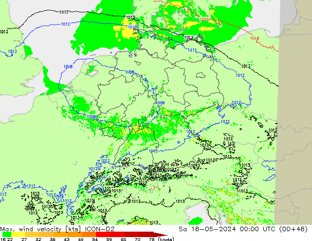 Max. wind velocity ICON-D2 sab 18.05.2024 00 UTC