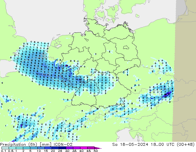 Totale neerslag (6h) ICON-D2 za 18.05.2024 00 UTC